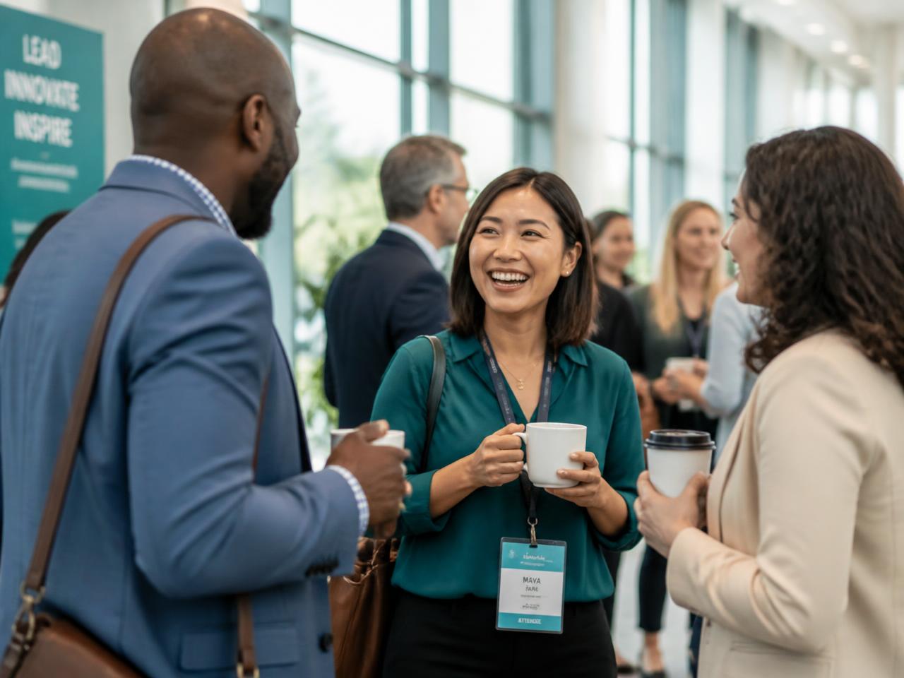 Attendees networking with coffee in a bright conference venue
