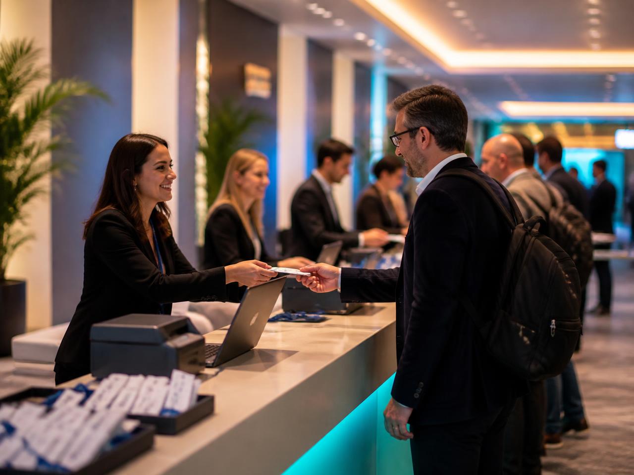 Attendees checking in at a modern event registration desk