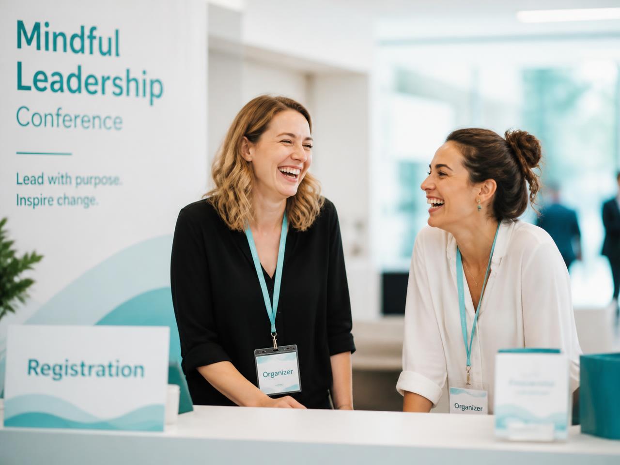 Two event organizers laughing together behind a registration desk
